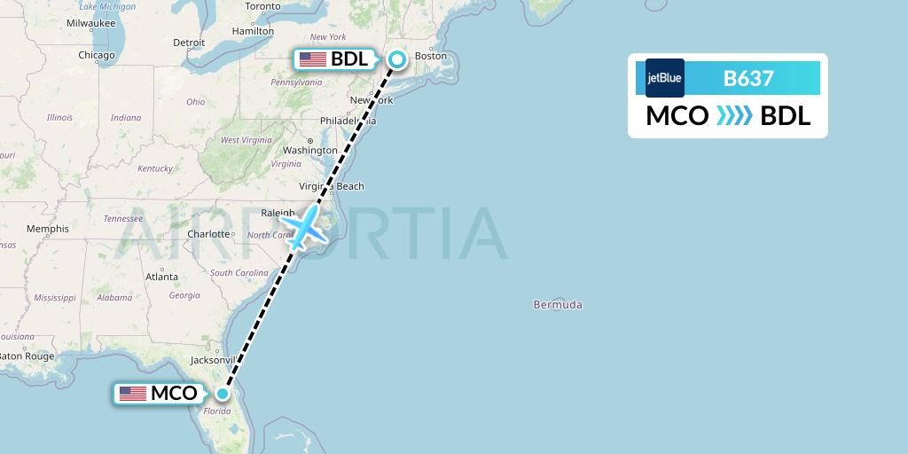 B637 JetBlue Airways Flight Map: Orlando to Windsor Locks