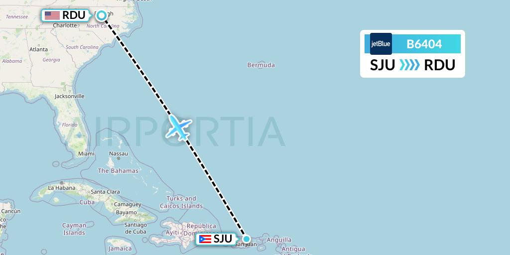 B6404 JetBlue Airways Flight Map: San Juan to Raleigh-Durham
