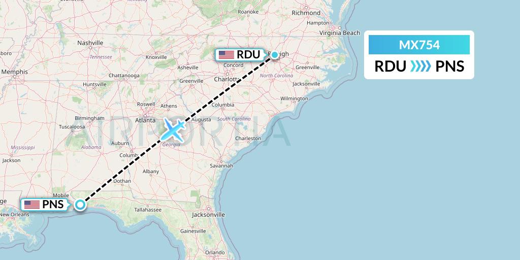 MX754 Breeze Airways Flight Map: Raleigh-Durham to Pensacola