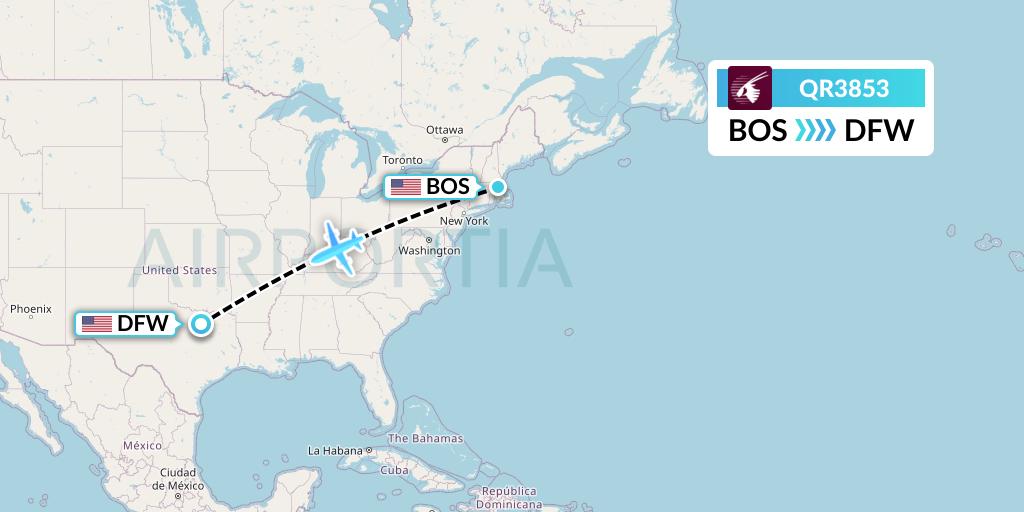 QR3853 Qatar Airways Flight Map: Boston to Dallas