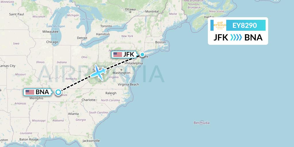 EY8290 Etihad Airways Flight Map: New York to Nashville
