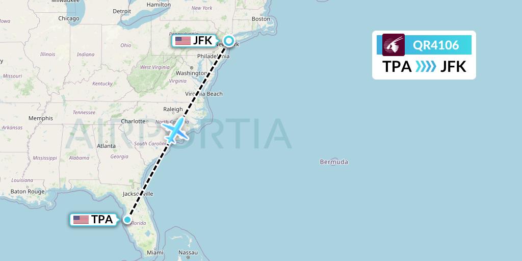 QR4106 Qatar Airways Flight Map: Tampa to New York