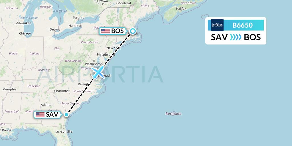 B6650 JetBlue Airways Flight Map: Savannah to Boston
