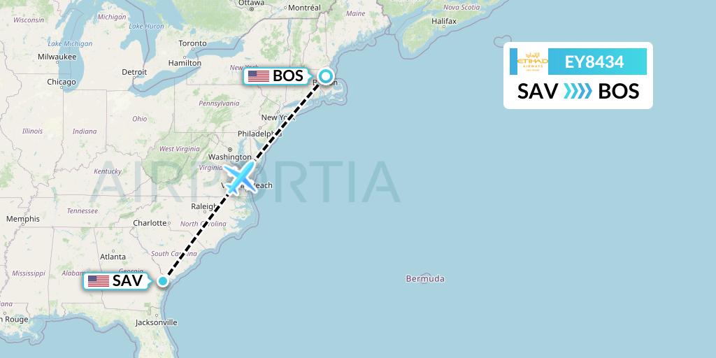 EY8434 Etihad Airways Flight Map: Savannah to Boston