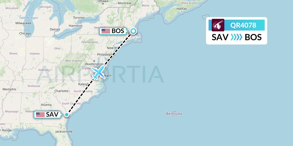 QR4078 Qatar Airways Flight Map: Savannah to Boston