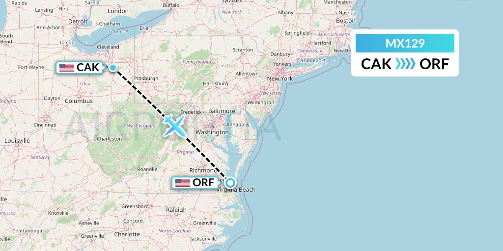 MX129 Breeze Airways Flight Map: Akron to Norfolk