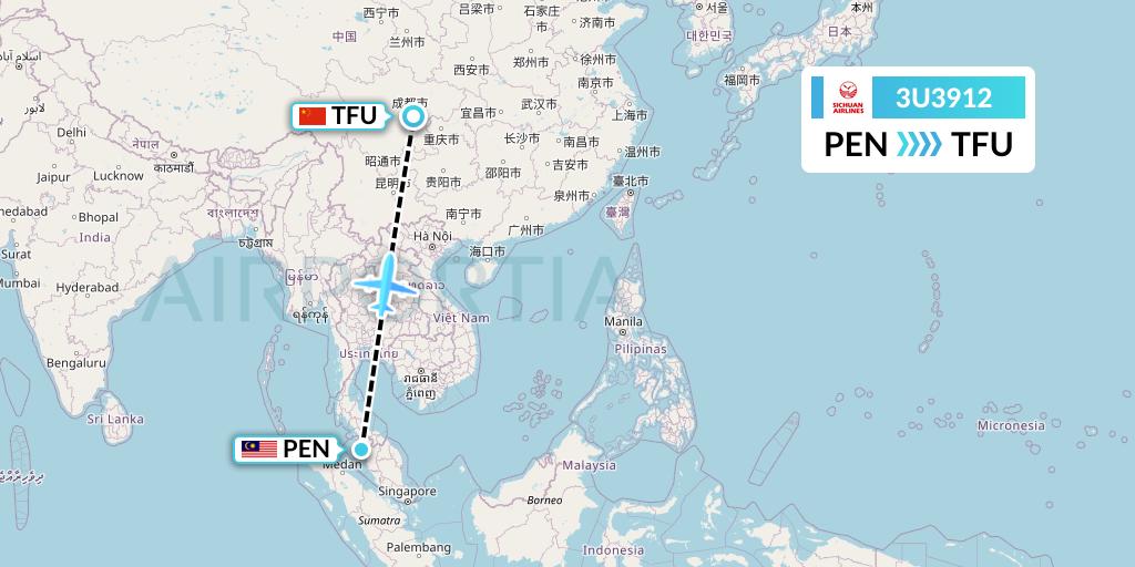 3U3912 Sichuan Airlines Flight Map: Penang to Chengdu