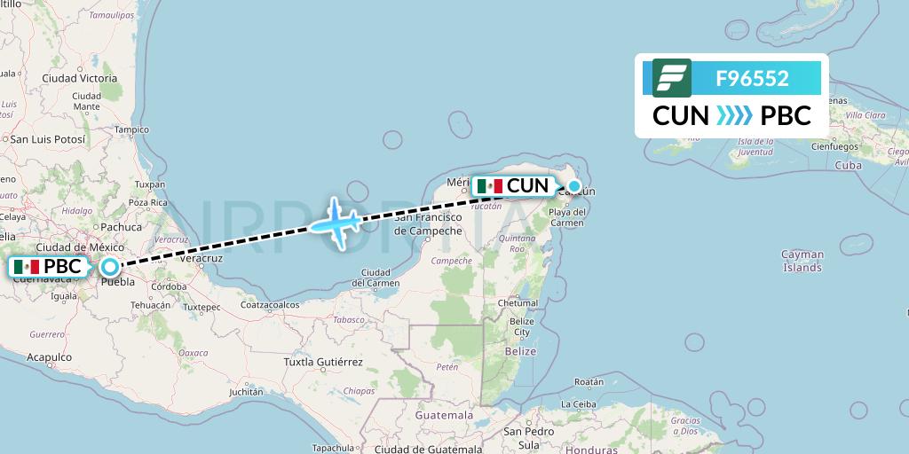 F96552 Frontier Airlines Flight Map: Cancun to Puebla