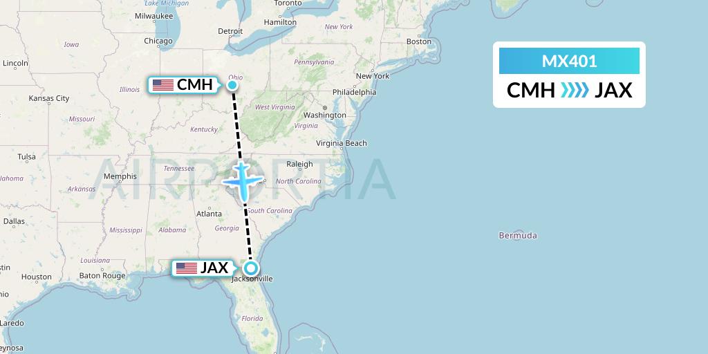 MX401 Breeze Airways Flight Map: Columbus to Jacksonville