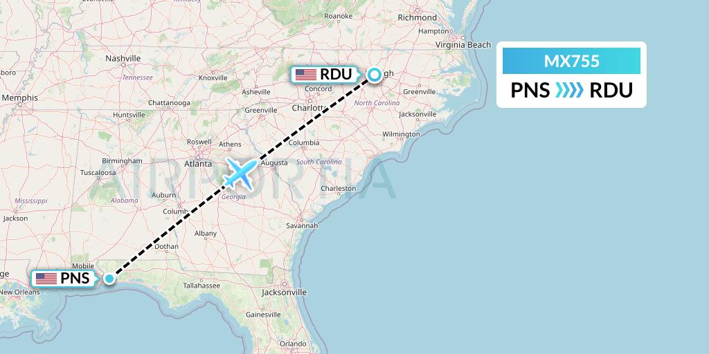 MX755 Breeze Airways Flight Map: Pensacola to Raleigh-Durham
