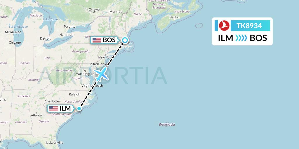 TK8934 Turkish Airlines Flight Map: Wilmington to Boston