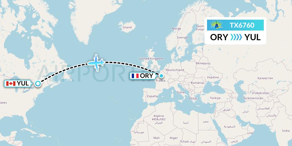 TX6760 Air Caraibes Flight Map: Paris to Montreal