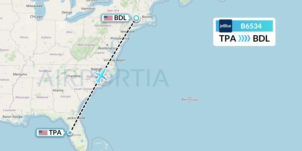 B6534 JetBlue Airways Flight Map: Tampa to Windsor Locks