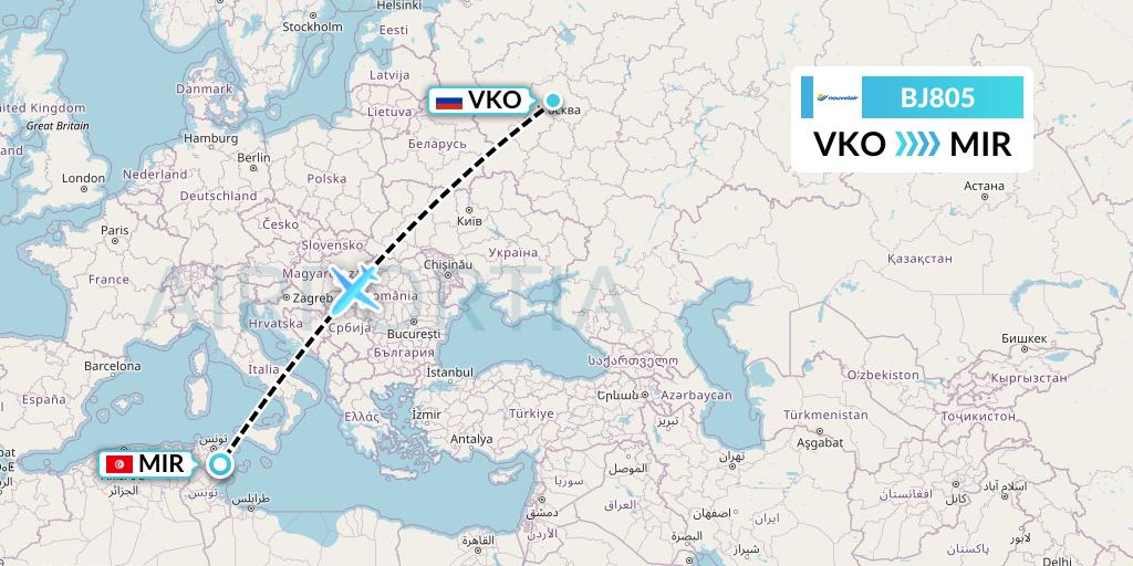 BJ805 Nouvelair Tunisie Flight Map: Moscow to Monastir