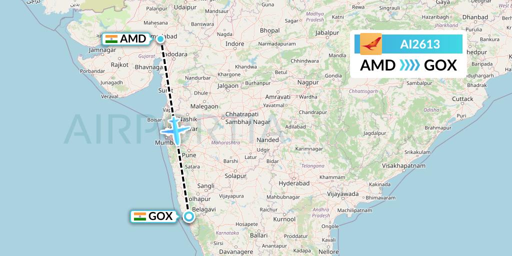 AI2613 Air India Flight Map: Ahmedabad to Goa