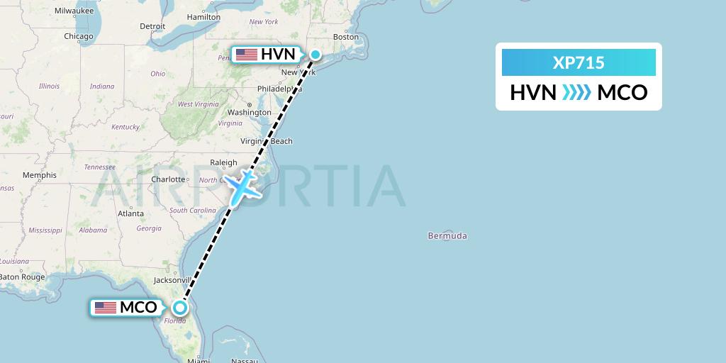 XP715 Avelo Airlines Flight Map: New Haven to Orlando