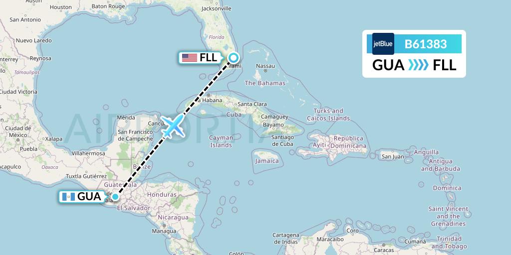 B61383 JetBlue Airways Flight Map: Guatemala City to Fort Lauderdale