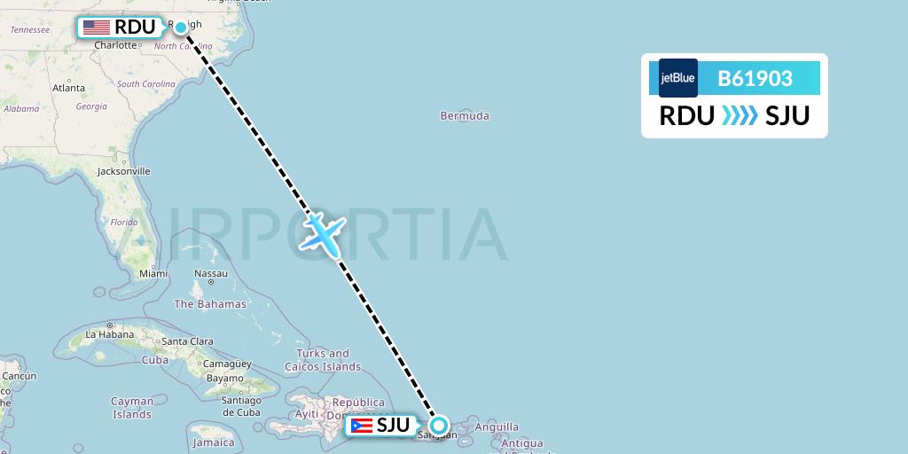 B61903 JetBlue Airways Flight Map: Raleigh-Durham to San Juan