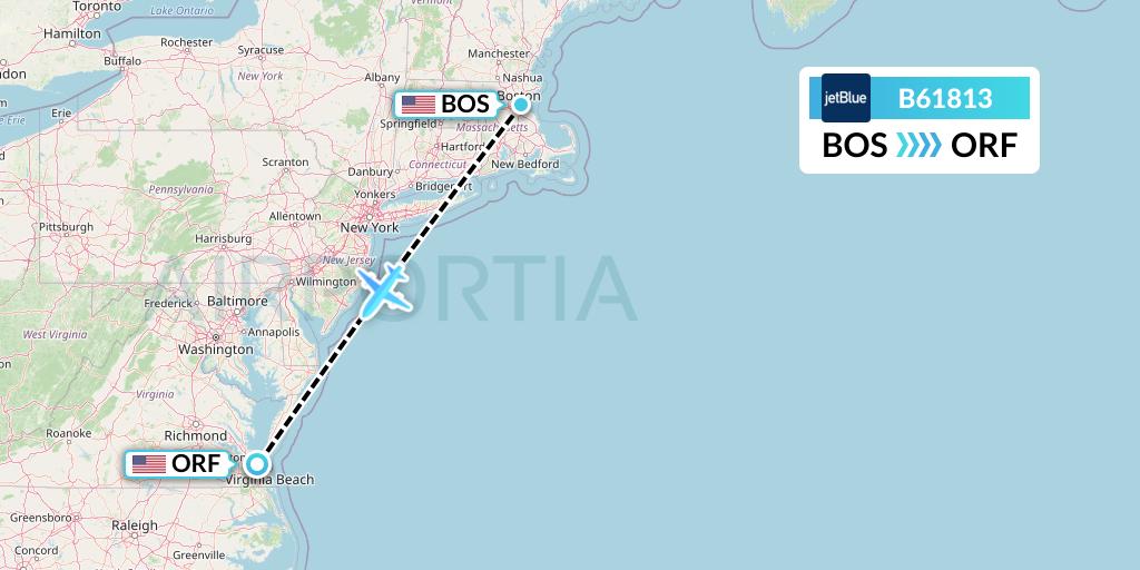 B61813 JetBlue Airways Flight Map: Boston to Norfolk