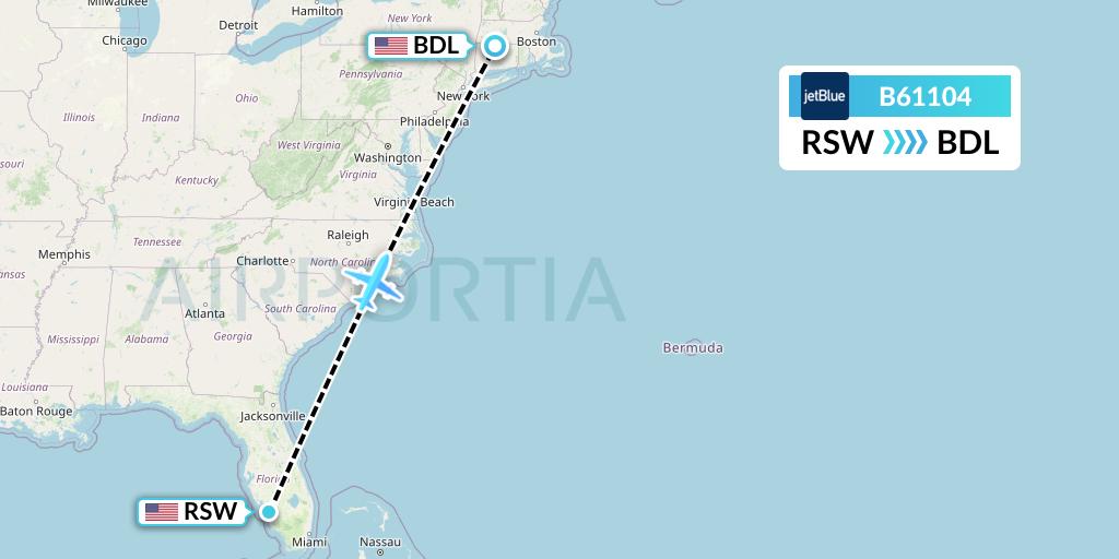 B61104 JetBlue Airways Flight Map: Fort Myers to Windsor Locks