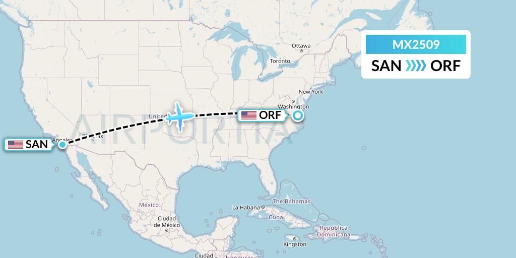 MX2509 Breeze Airways Flight Map: San Diego to Norfolk