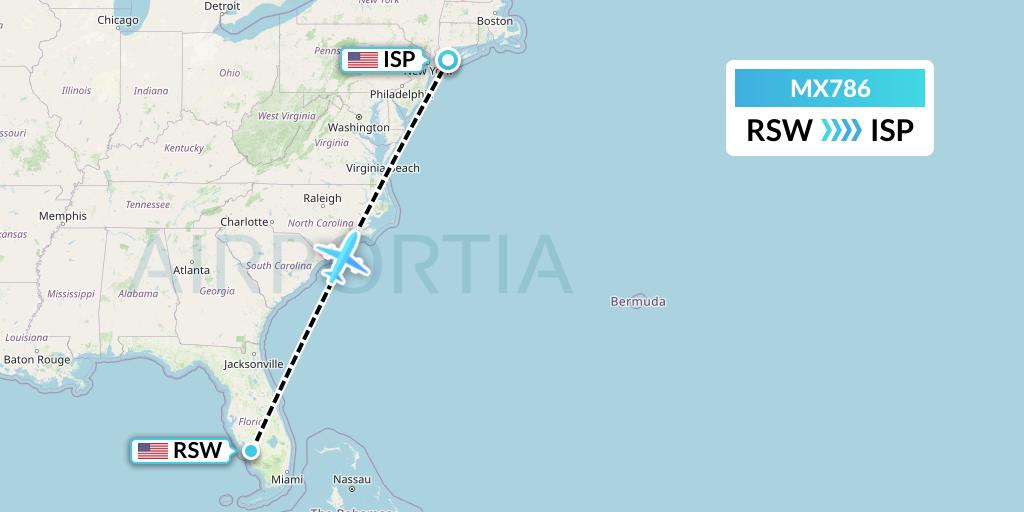 MX786 Breeze Airways Flight Map: Fort Myers to Islip