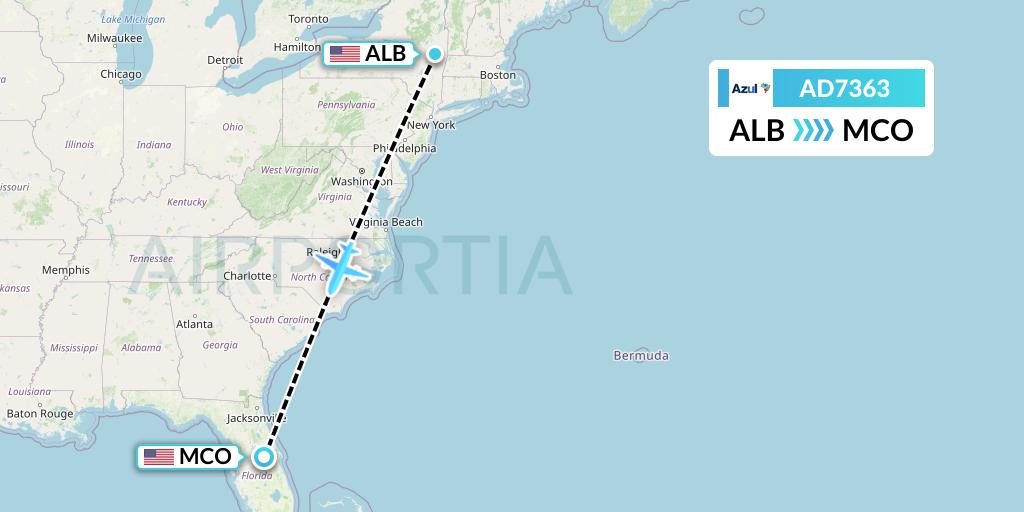 AD7363 Azul Brazilian Airlines Flight Map: Albany to Orlando