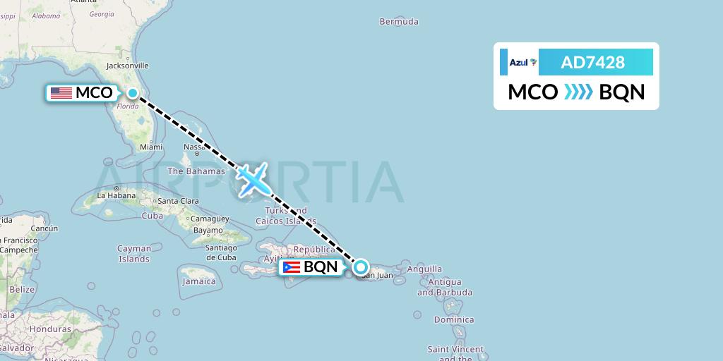 AD7428 Azul Brazilian Airlines Flight Map: Orlando to Aguadilla