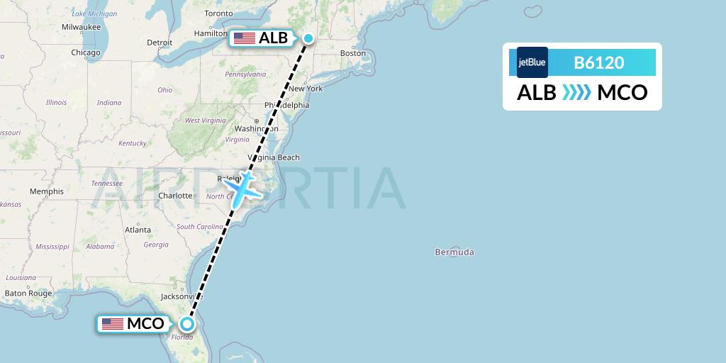 B6120 JetBlue Airways Flight Map: Albany to Orlando