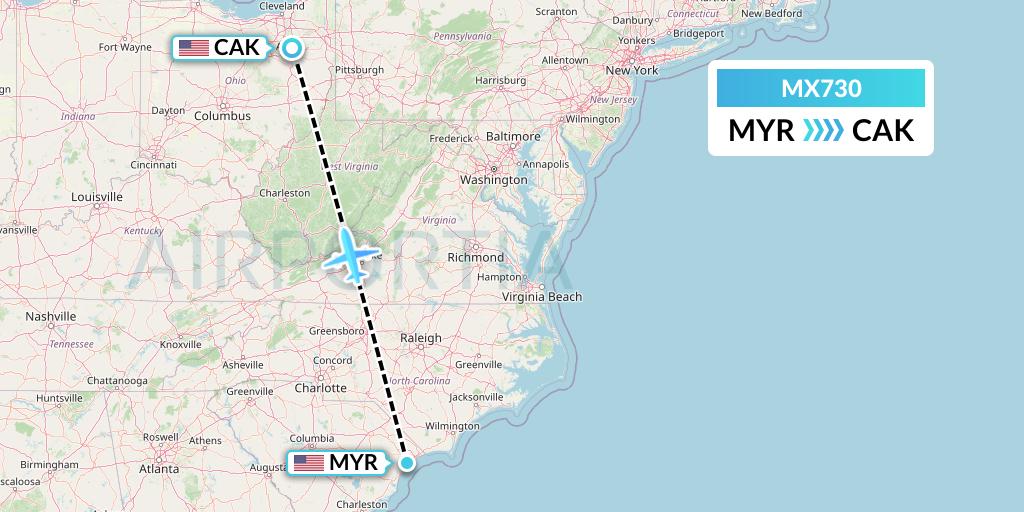 MX730 Breeze Airways Flight Map: Myrtle Beach to Akron