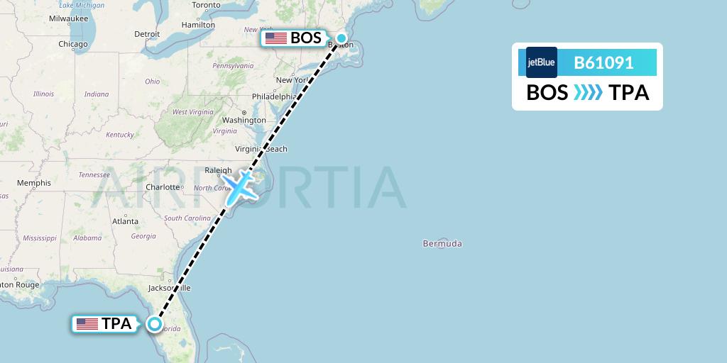 B61091 JetBlue Airways Flight Map: Boston to Tampa