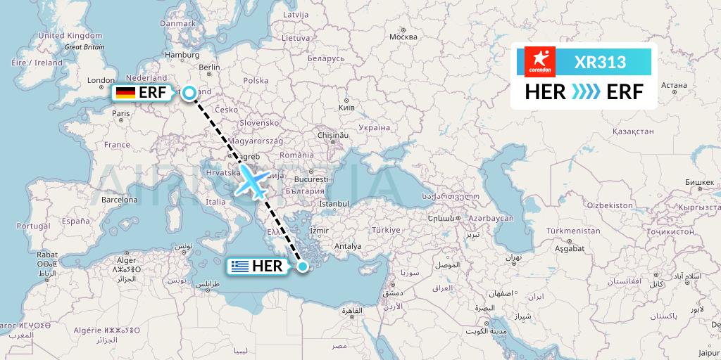 XR313 Corendon Airlines Europe Flight Map: Heraklion to Erfurt
