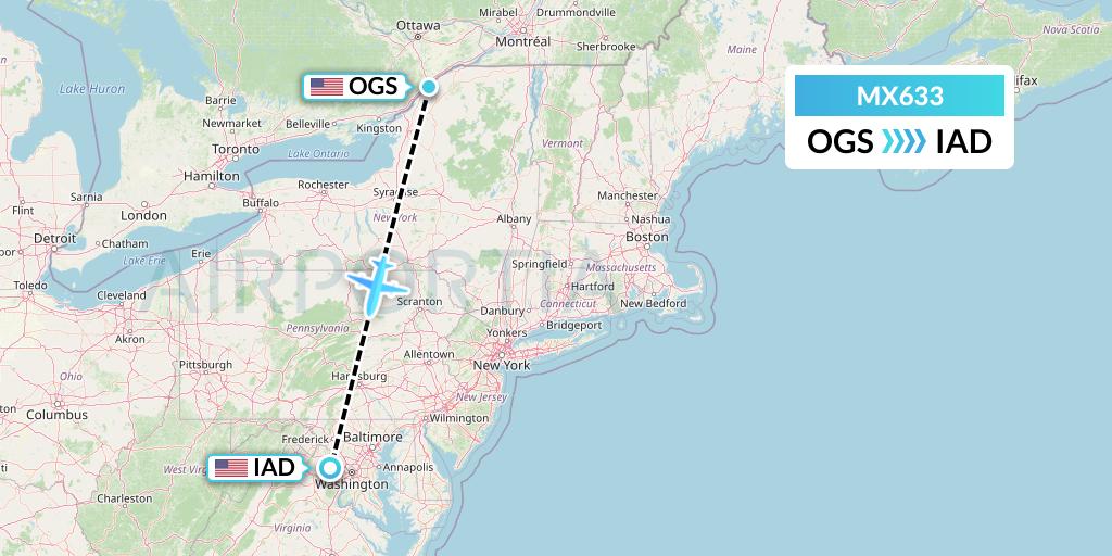 MX633 Breeze Airways Flight Map: Ogdensburg to Washington