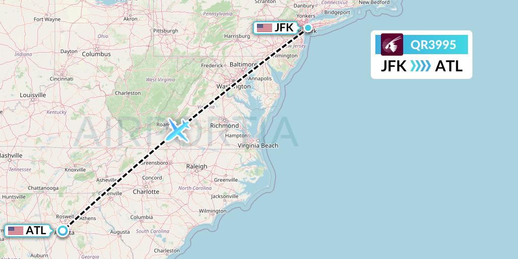 QR3995 Qatar Airways Flight Map: New York to Atlanta