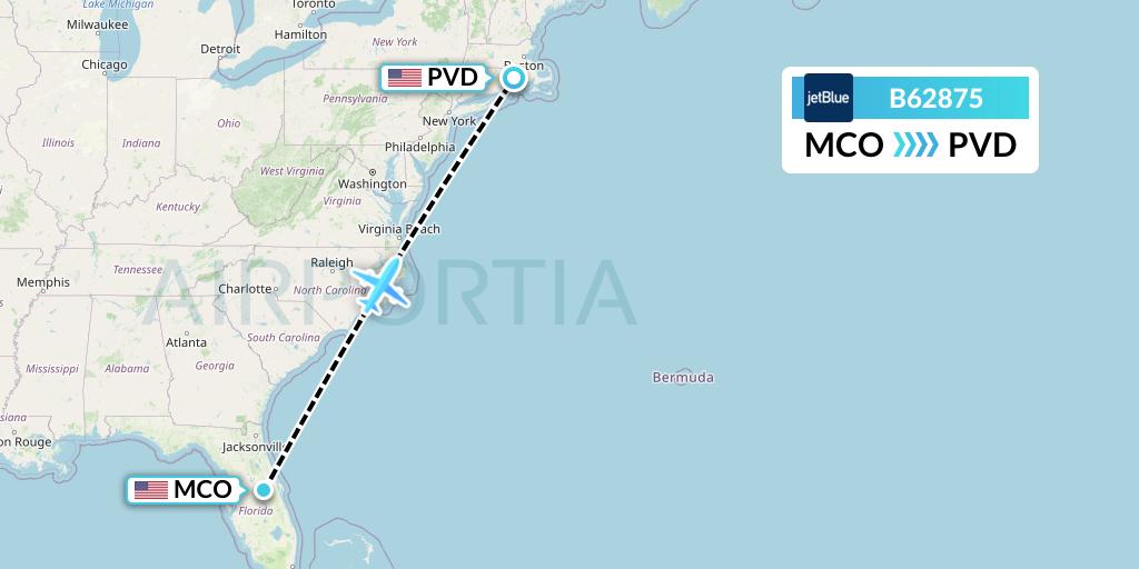 B62875 JetBlue Airways Flight Map: Orlando to Providence