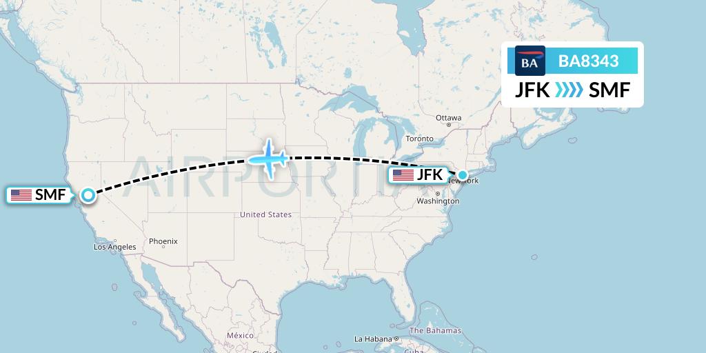 BA8343 British Airways Flight Map: New York to Sacramento