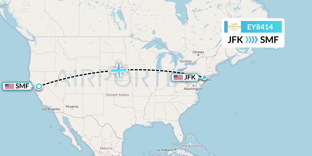 EY8414 Etihad Airways Flight Map: New York to Sacramento