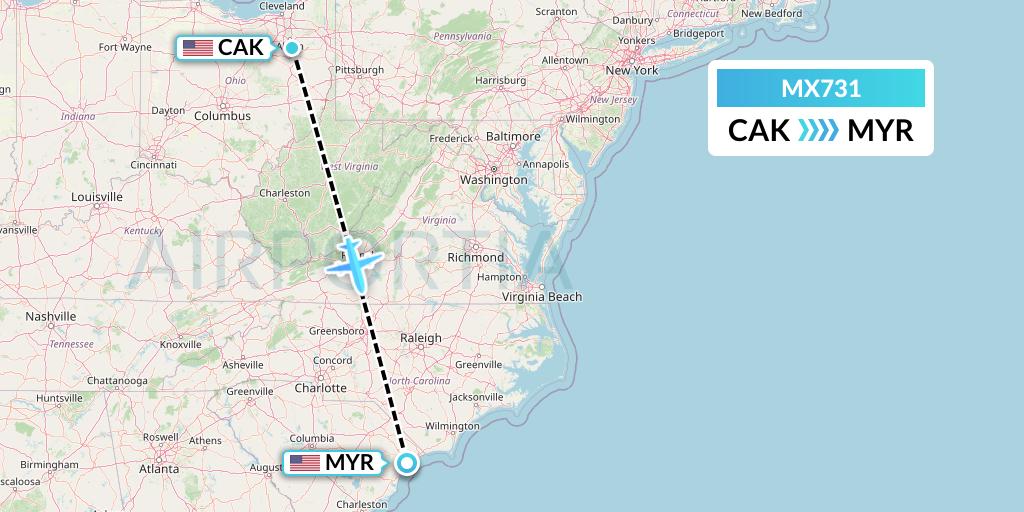 MX731 Breeze Airways Flight Map: Akron to Myrtle Beach