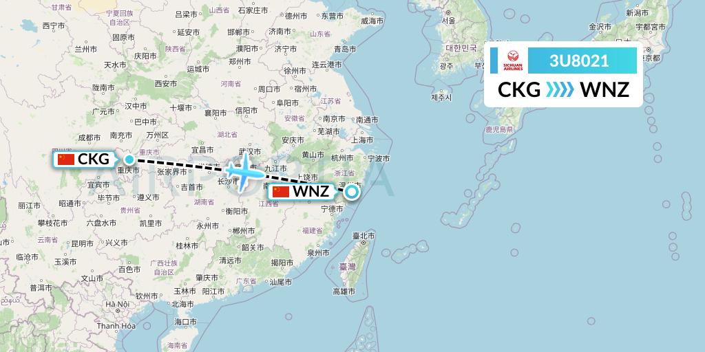 3U8021 Sichuan Airlines Flight Map: Chongqing to Wenzhou