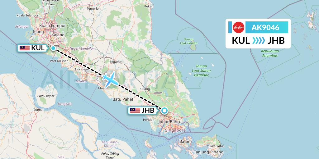 AK9046 AirAsia Flight Map: Kuala Lumpur to Johor Bahru