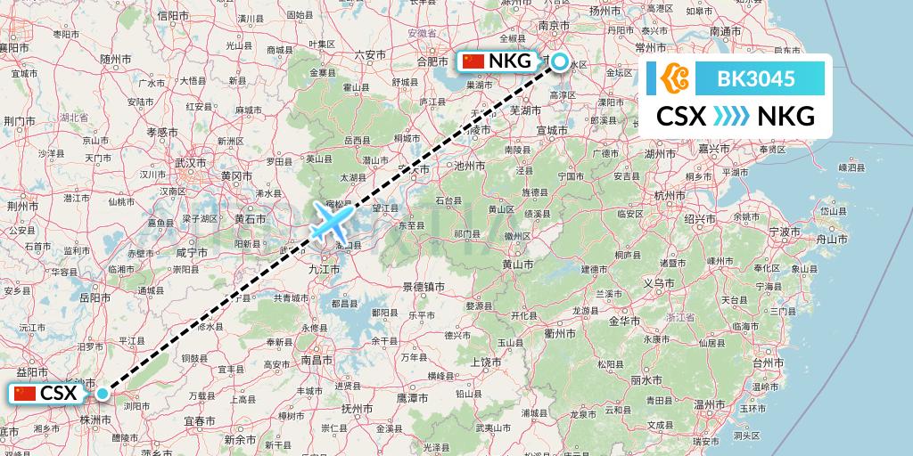 BK3045 Okay Airways Flight Map: Changsha to Nanjing