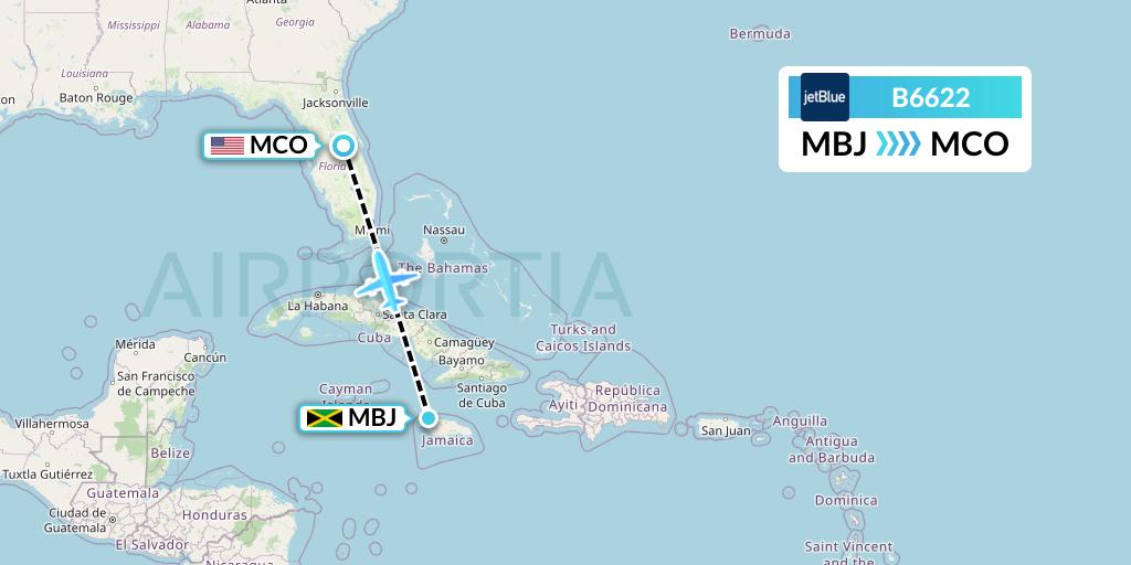 B6622 JetBlue Airways Flight Map: Montego Bay to Orlando