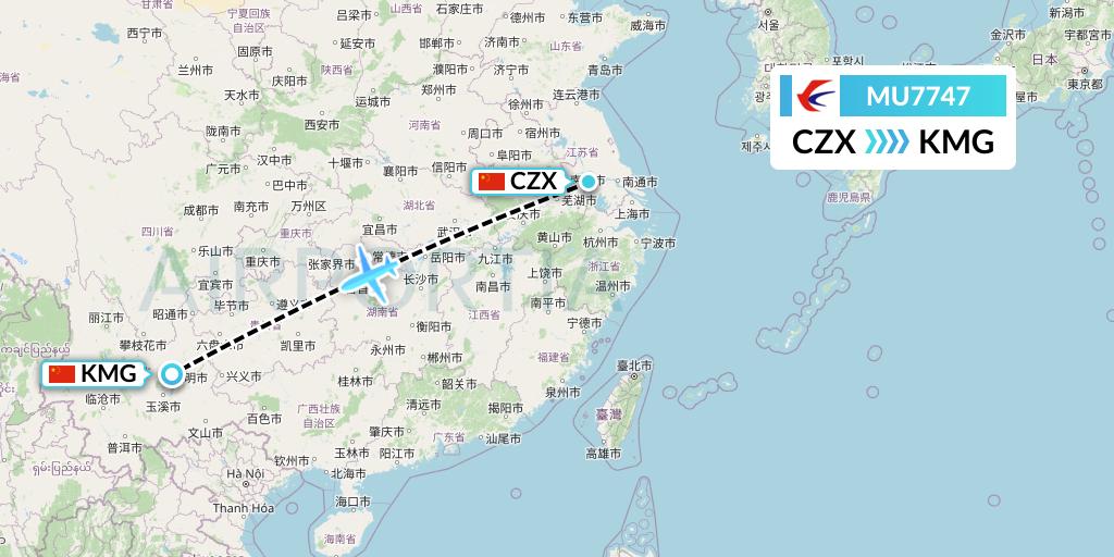 MU7747 China Eastern Airlines Flight Map: Changzhou to Kunming