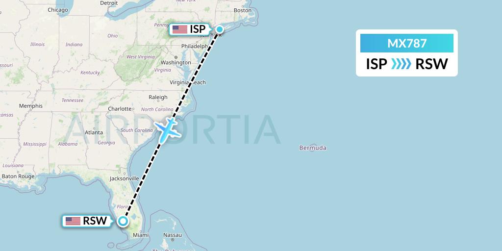 MX787 Breeze Airways Flight Map: Islip to Fort Myers