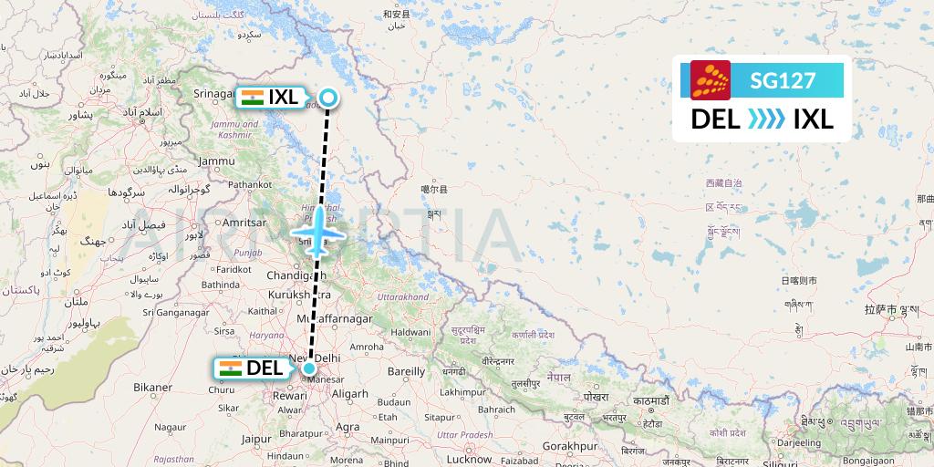 SG127 SpiceJet Flight Map: Delhi to Leh