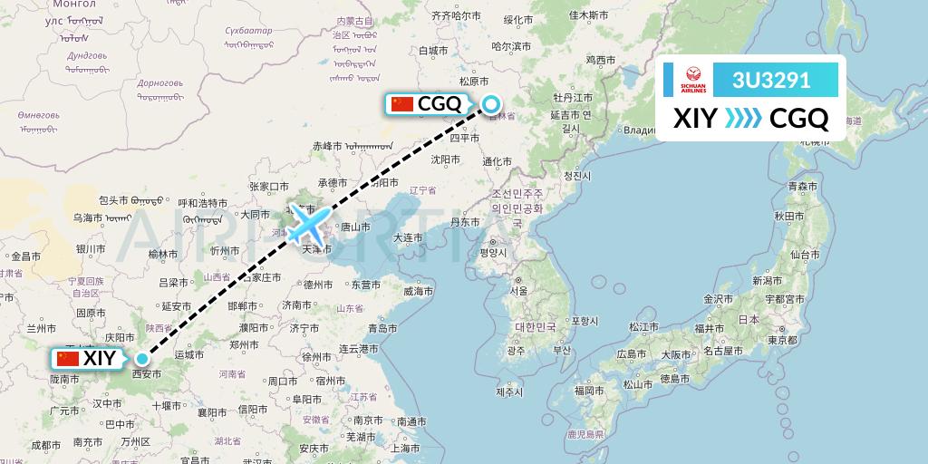 3U3291 Sichuan Airlines Flight Map: Xi'an to Changchun