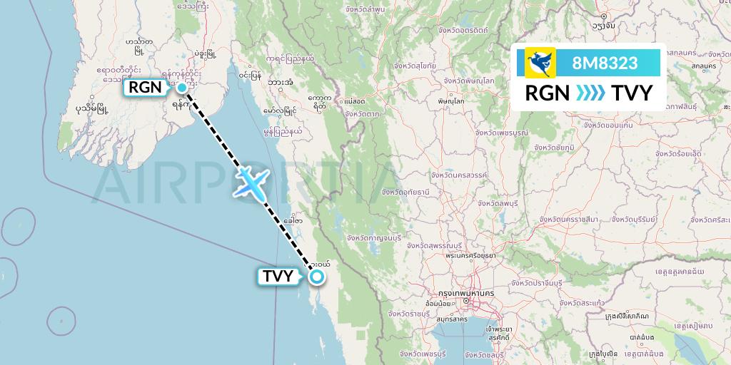8M8323 Myanmar Airways International Flight Map: Yangon to Dawei