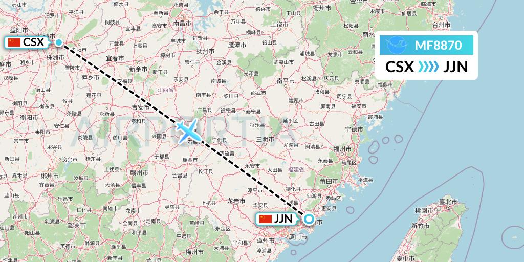 MF8870 Xiamen Airlines Flight Map: Changsha to Jinjiang