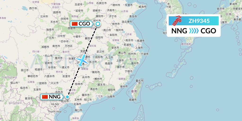 ZH9345 Shenzhen Airlines Flight Map: Nanning to Zhengzhou