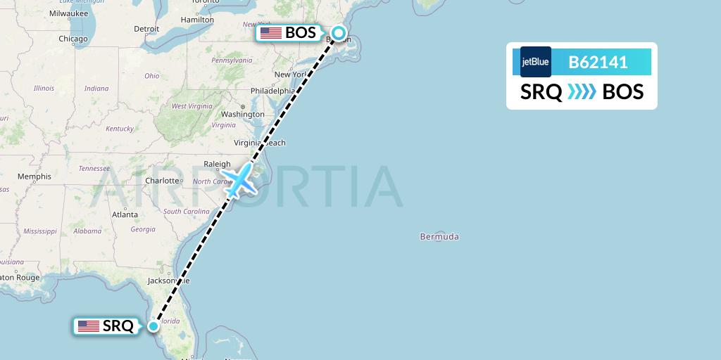 B62141 JetBlue Airways Flight Map: Sarasota to Boston